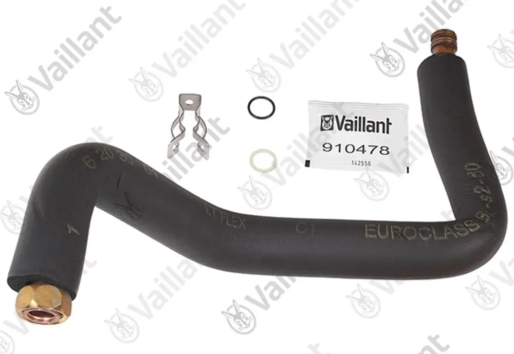 Vaillant Rohr mit gewölbter Form und Kupferanschluss, zusätzlich mit Montagezubehör wie Dichtungsringen und Clips.